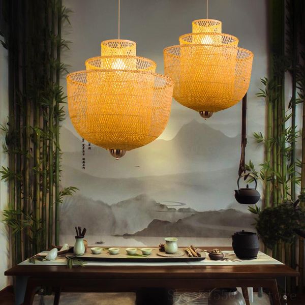

pendant lamps chinese hand-woven lightsbamboo straw hat fishing net lamp living room decoration el restaurant chandeliers