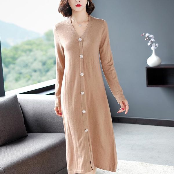 

casual dresses women dress winter loose cashmere knitted 2021 fashion autumn warm long v-neck pullover lady office, Black;gray