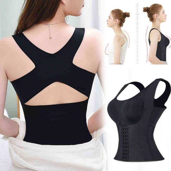 

women reducing girdle posture corrector bra seamless underwear slimming belly sheath cross back tank body fitness vest 211112, Black;white