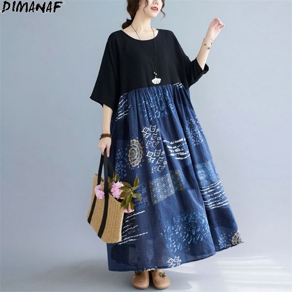 

plus size summer dress women vintage vestidos oversize 5xl 6xl long linen casual floral print style es 210531, Black;gray
