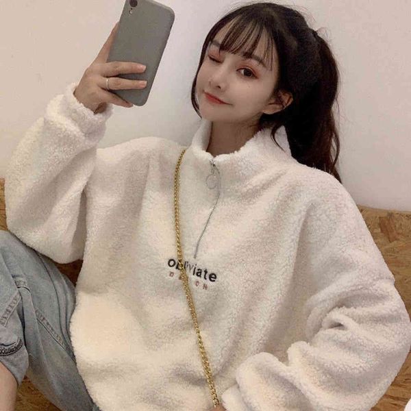 

lamb wool sweater autumn and winter women's wear plush thickened half zipper embroidered student warm coat, Black