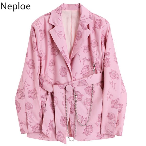 Neploe Anzugjacke Damen Frühling Casual Slim Fit Bkazers Kerbkragen Einzelknopf mit Taillenkette Rosa Langarm Tops 210422