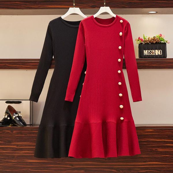 

casual dresses 2021 autumn women's elegant o-neck long sleeve a- line dress lady slimming knitted, Black;gray