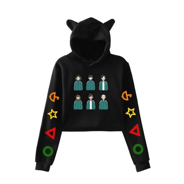 

women's hoodies & sweatshirts korean tv squid game women crop teenagegr girls fleece cat ears short navel hoodie sweatshirt, Black
