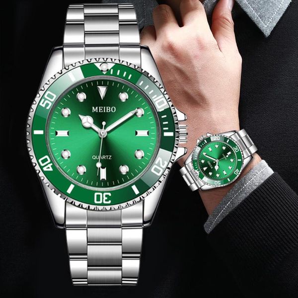 

wristwatches men watch luxury business green dial watches stainless steel band fashion male clock wrist relogio masculino, Slivery;brown