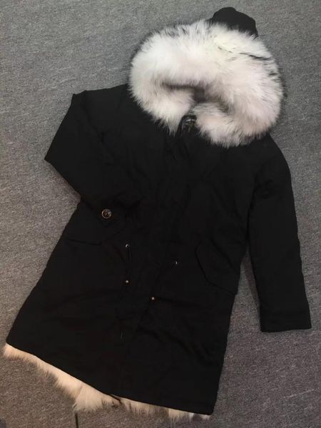 

women's fur & faux 2021 black long parka white w lining fashionable real thickness furlly coat