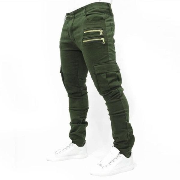 

jeans men's distressed small leg with zipper pocket men hip hop slim fit punk denim cotton pants women's, Blue