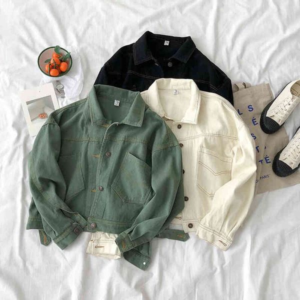

jackets plus size vintage solid women jean jacket autumn korean loose long sleeve short denim jackets casual female jeans coat, Black;brown