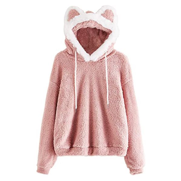 

women's hooded sweatshirts pure color hooded cat ear casual sweater cute long sleeve pullover shirt blouse women autumn winter clothing, Black