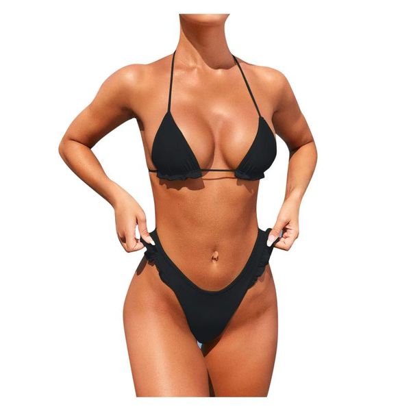 

women solid bikini bandage high cut leg halter beachwear set push-up triangle mini thong maillot de bain #p2, White;black