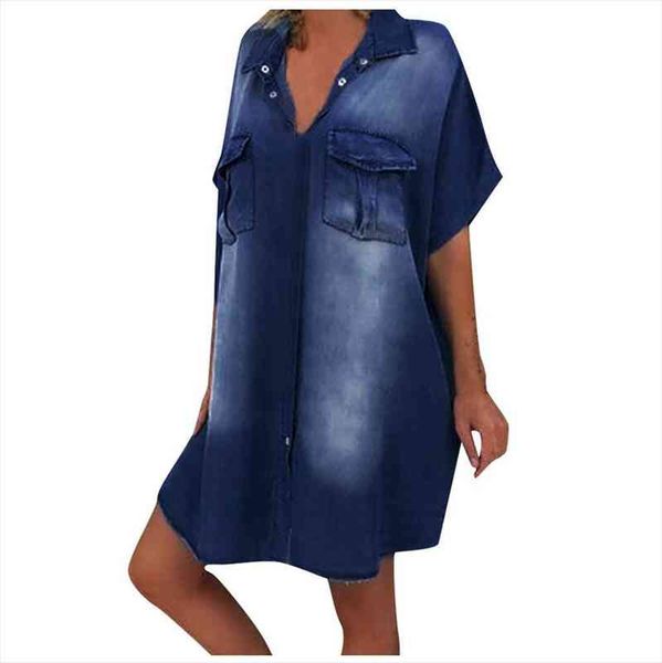 

womens plus size turn-down collar denim dresses batwing short sleeve knee length dress casual loose daily streetwear vestido, Black;gray