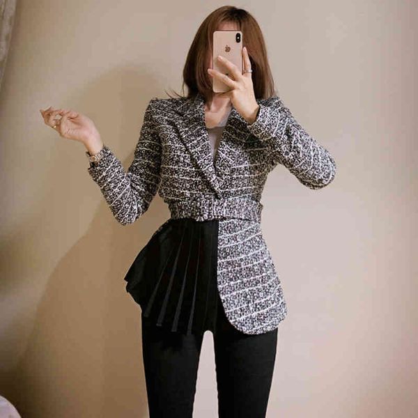 

[ewq] spring female turn-down collar long-sleeved patchwork black panelled pleated hem woolen tweed coat 8d432 210423, Black;brown