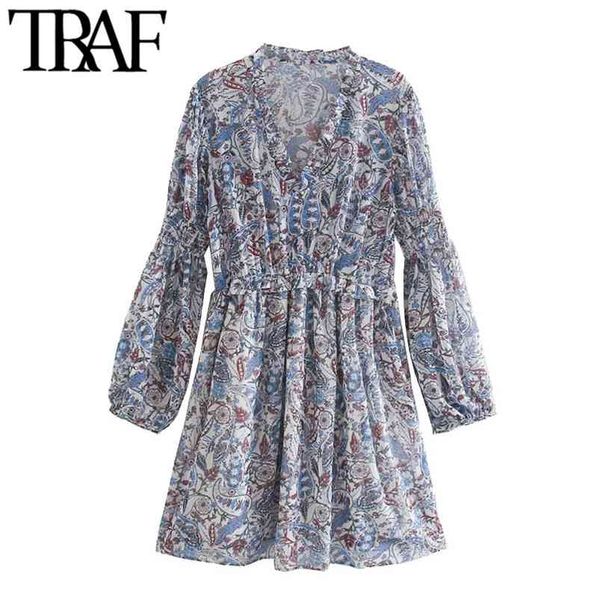 

women chic fashion paisley print ruffled mini dress vintage elastic waist with lining female dresses vestidos 210507, Black;gray