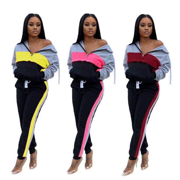 

women s two piece jogging suits s-3xl 2020 fall winter fashion womens stitching sports suit casual trousers set tracksuit, White
