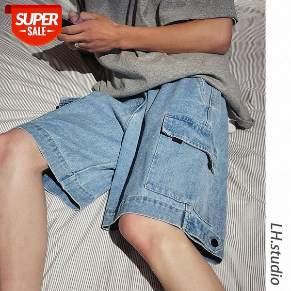 

multi-bag overalls male couple loose casual flow five-point denim shorts plus size 5 points #ds5y, Blue