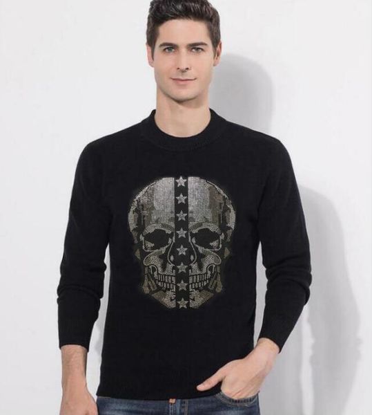 

men's sweaters plus size s-3xl skull rhinestones men winter o neck slim fit sweater high quality, White;black