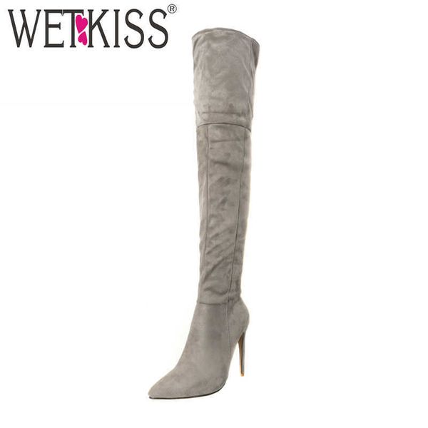 

wetkiss thin high heels women boots pointed toe flock footwear over the knee female boot party shoes women plus sizw 32-46 210630, Black