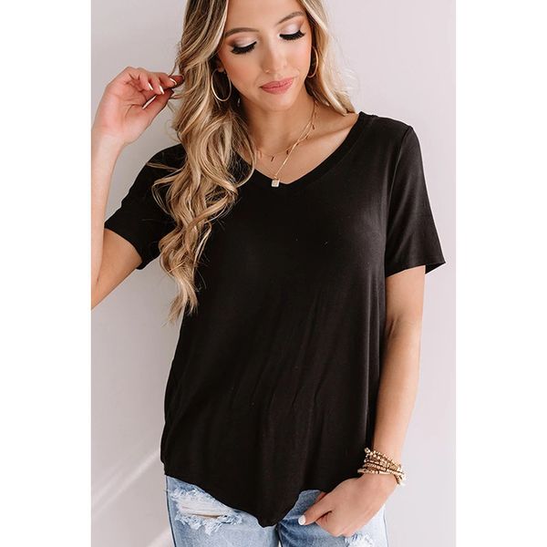

new women's casual solid v-neck short sleeve pullover t-shirt, Black;red