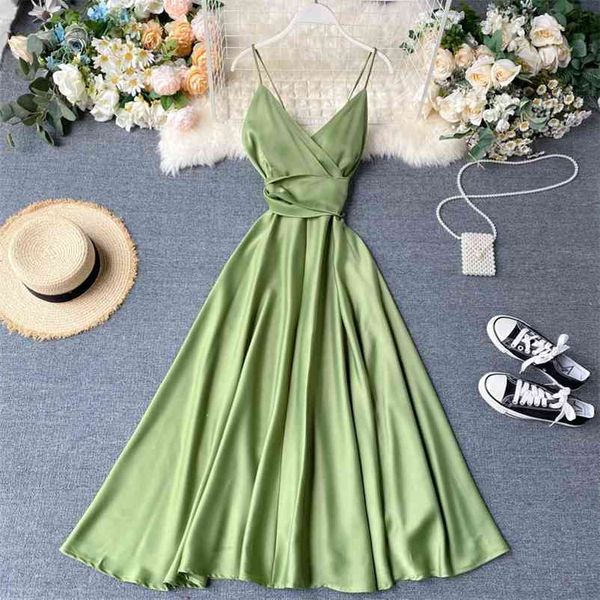 

ftlzz new summer women v neck high waist a-line party tank sundress elegant bandage bow long dress vestidos multicolour 210331, Black;gray