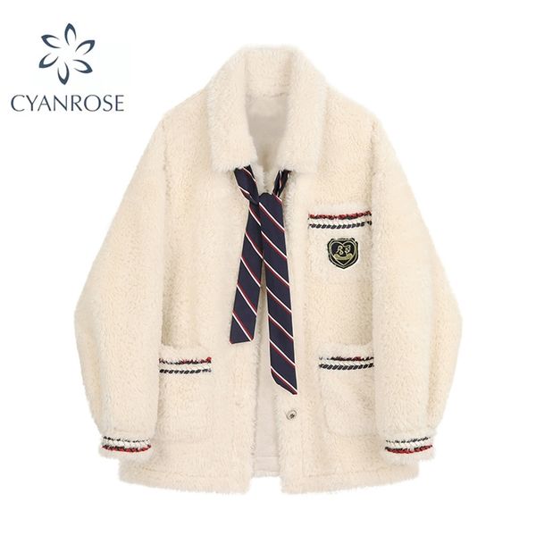 

korean preppy style winter jackets female loose casual fashion warm lamb wool coat women harajuku thick outerwear 211216, Black