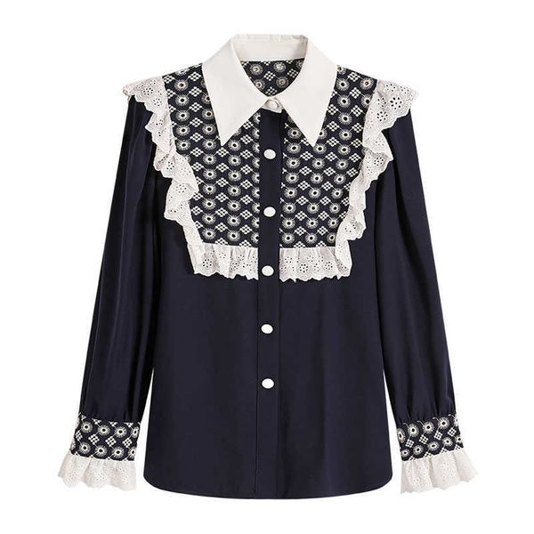 PERHAPS U Camicetta a maniche lunghe da donna Camicetta in pizzo bianco blu navy con ricamo Mori Girl Sweet Japan Style Colletto rovesciato B0702 210529