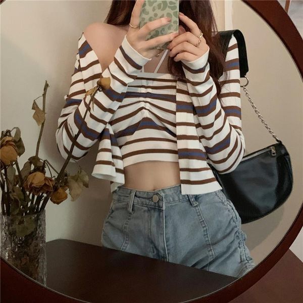 

women's knits & tees real s cost-effective girl suit striped contrast color halter, White