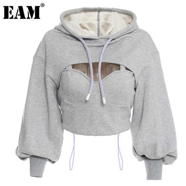 

[eam] loose fit gray hollow out drawstring sweatshirt new hooded long sleeve women big size fashion spring autumn 2021 1dd0023 y0820, Black