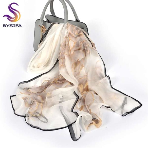 

[bysifa] female spring white chiffon silk scarves floral design long 100% scarf shawl autumn winter women neck 210928, Blue;gray