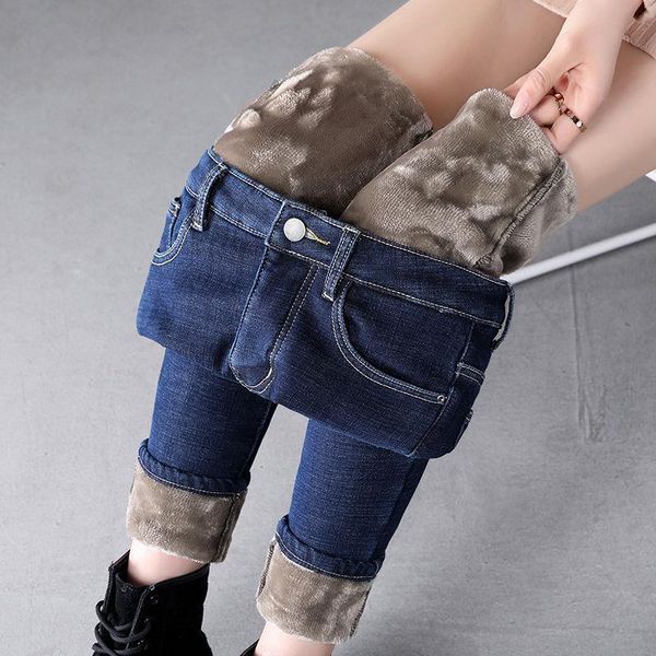 

thick winter warm skinny women jeans high waist velvet denim pants streetwear stretch trousers plus size, Blue