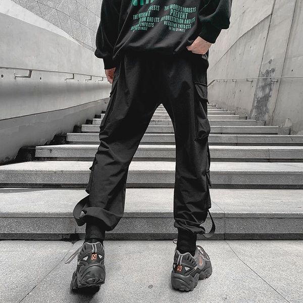 

men's pants erkek pantolon men autumn hip hop casual sweatpants male streetwear multi buckle ribbons pockets joggers cargo harem 1tge, Black