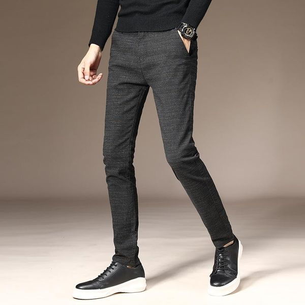 

spring casual pants men slim fit plaid fashion gray black trousers male brand clothing business work pant 28-38 men's