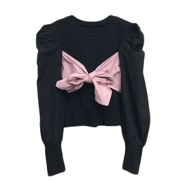 

women round neck bow on chest puff sleeve loose pullover knitted t-shirt b3009 210514, White