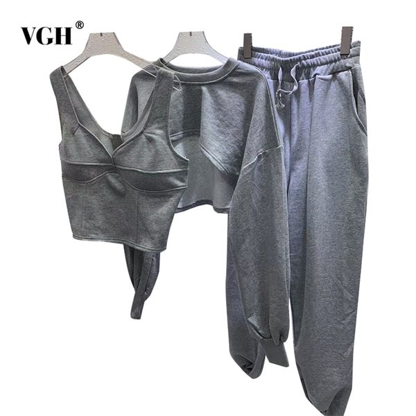 

black casual three piece set for women o neck long sleeve short vests high waist sporty pants solid sets female fashion 210531, White
