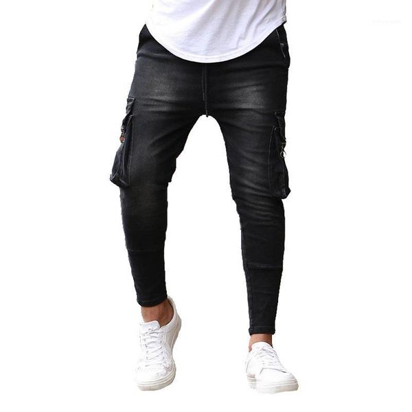 

jeans pants men retro denim pencil cargo skinny slim fit hip hop trousers men's, Blue