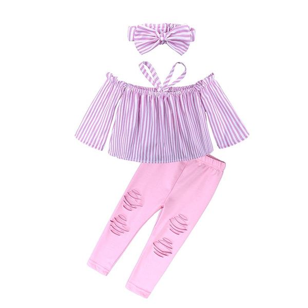 

clothing sets 1-7t girly pink sweet three-piece suit one-shoulder long-sleeved ripped elastic waist pants cute bow headband spring outfi, White