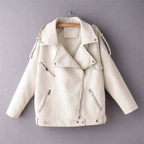 

ailegogo spring autumn pu leather jacket women moto biker lapel zipper beige warm faux soft leather coat loose outwear 210923, Black
