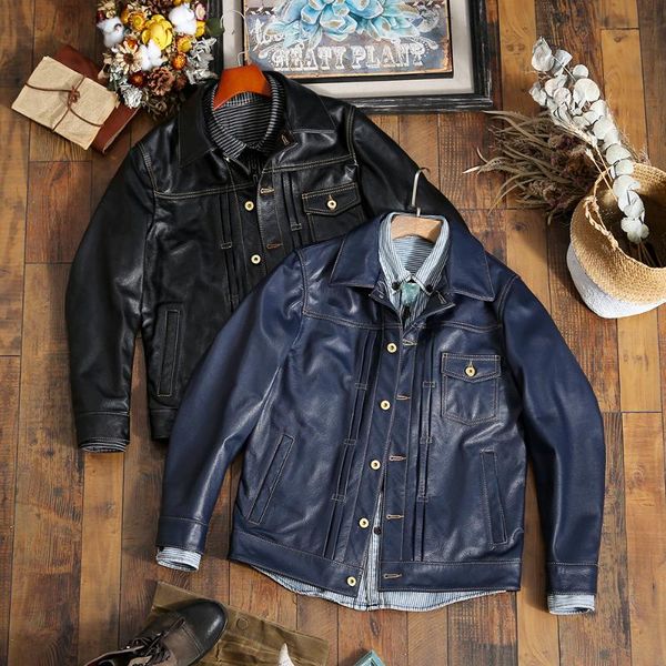 

men's leather & faux yr.japan style.classic casual 506xx genuine jacket. fashion slim cowhide coat.safari cloth, Black