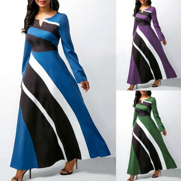 

casual dresses women long sleeve v neck diagonal stripes print loose party maxi dress winter autumn bodycon e, Black;gray