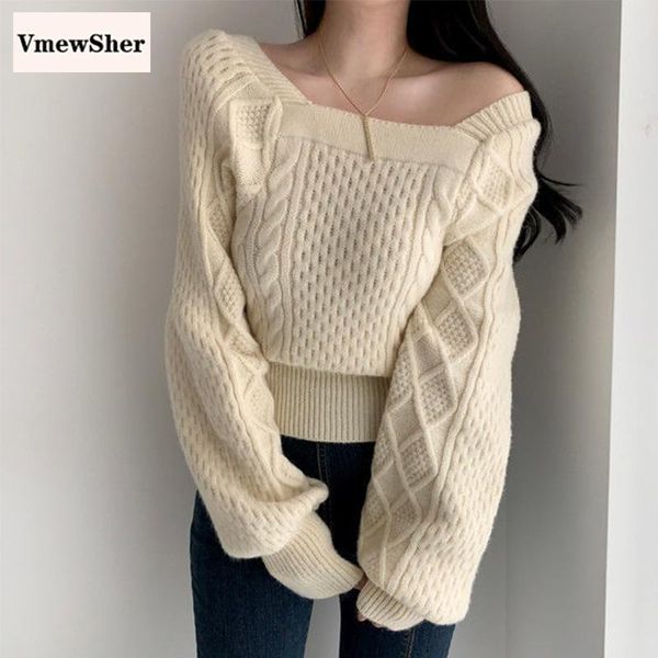 

women's sweaters vmewsher chic square collar women sweater lantern sleeve autumn fashion short knitwear solid elegant knit spring 2021, White;black