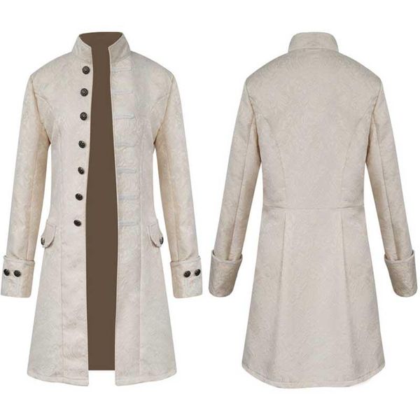 

men's trench coats men steampunk coat vintage single-breasted standing collar party banquet fashion outerwear printed long uniform stag, Tan;black