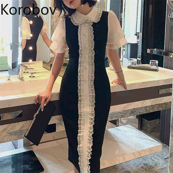

korobov summer new arrival peter pan collar dress fashion puff short sleeve hit color patchwork dresses buttton vestidos mujer 210430, Black;gray