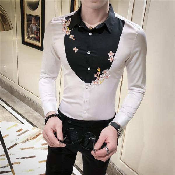 

men's casual shirts club party wedding shirt men chemise homme camisa masculina long sleeve floral embroidery hombre clothing, White;black