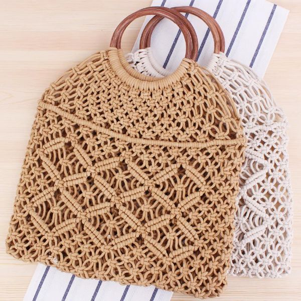 

evening bags pure color woven tote trendy female mori style straw degrees handmade cotton string net pocket beach bag