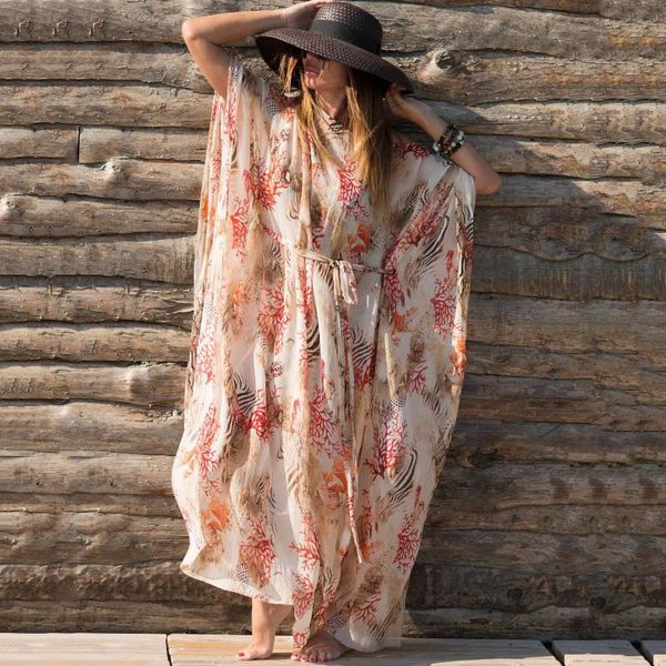 

women's swimwear corals and shells kaftan beach blouse chiffon robe bikini suntan tunic skirt holiday long gown uv-proof clothing, White;black