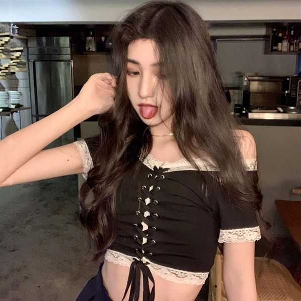 

tshirts women patchwork lace black slash neck tee shirts woman club t shirt summer drawstring lady women's t-shirt, White