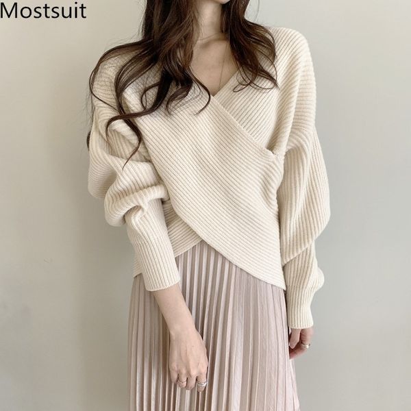 Koreanische stilvolle gestrickte Pullover Frauen Langarm V-Ausschnitt Criss-Cross Mode Pullover Herbst Winter elegante Damen Jumper 210514