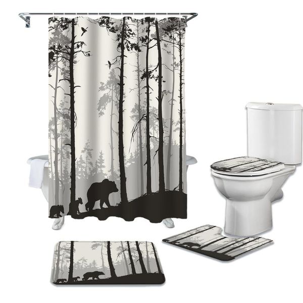 

shower curtains bear pine tree brown silhouette curtain sets non-slip rugs toilet lid cover set waterproof bathroom