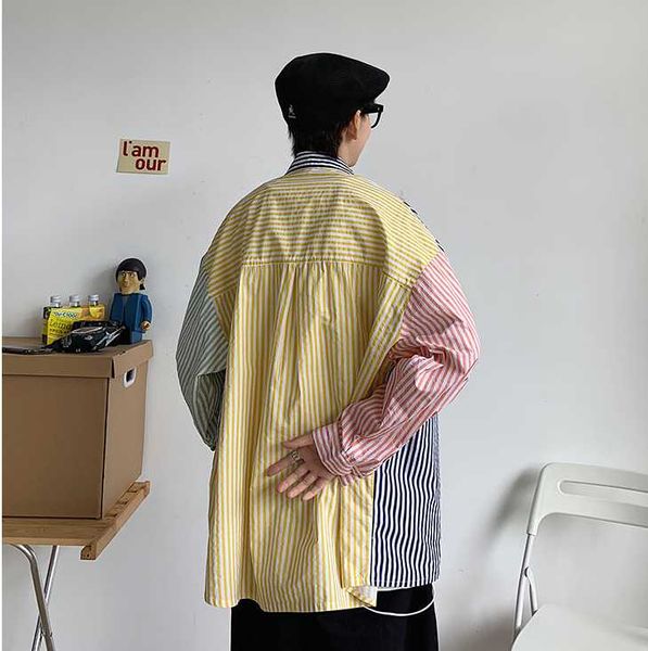 

stripe shirt men long sleeve blue yellow color patchwork loose oversized hip hop style men's casual shirts, White;black