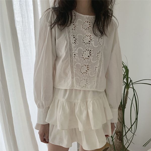 

blouses beige vintage quality lace crochet chic short blouses high waist streetwear girls shirts, White