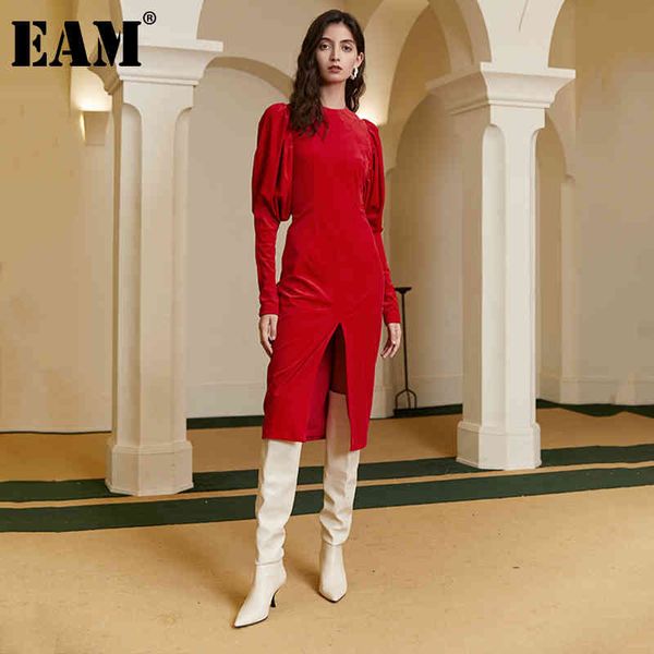 

[eam] women red vent spliced elegant dress round neck lantern sleeve loose fit fashion spring autumn 1dd0285 21512, Black;gray